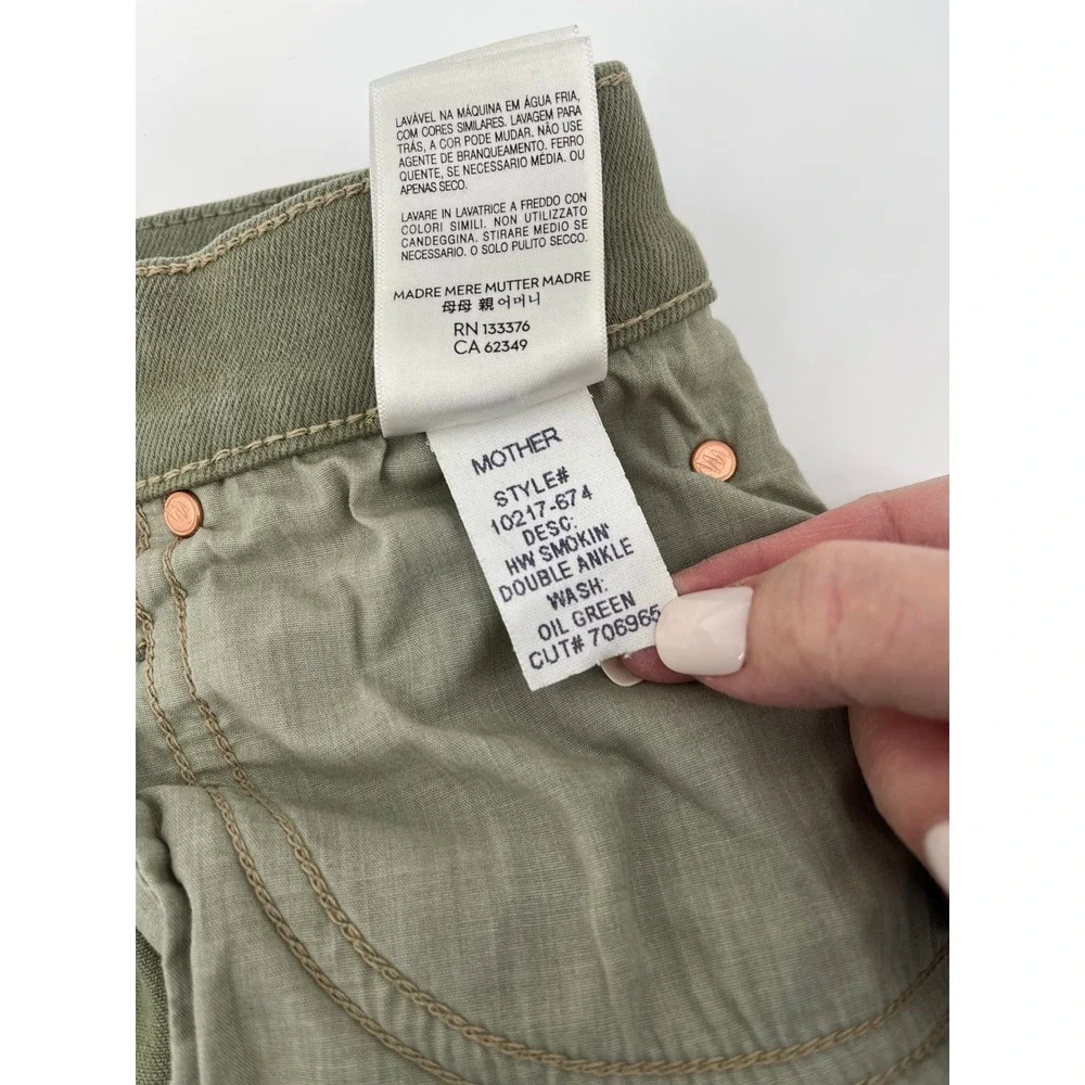 MOTHER High Waisted Smokin Double Ankle Jeans Oil Green‎ Raw Hem Size 32